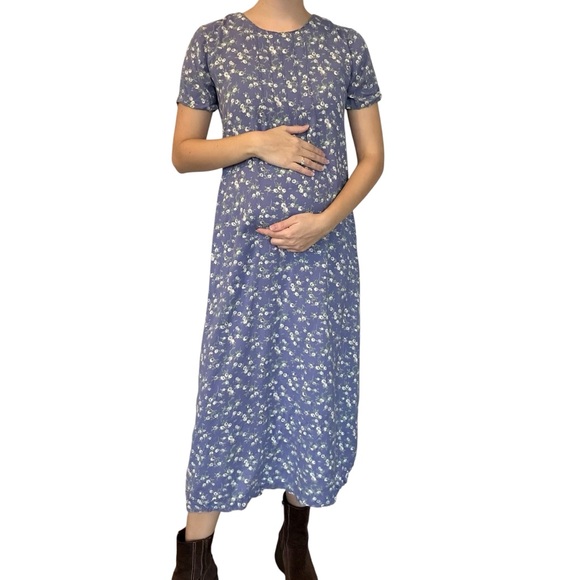 Vintage 1990s Midi Dress Maternity Pregnancy Floral Casual Tie Waist Size Small - Picture 1 of 8